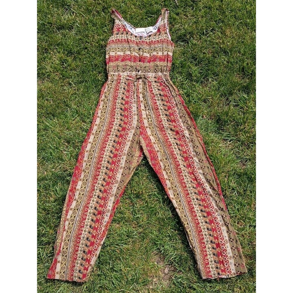 Striped Boho Smocked Jumpsuit in Red and Tan